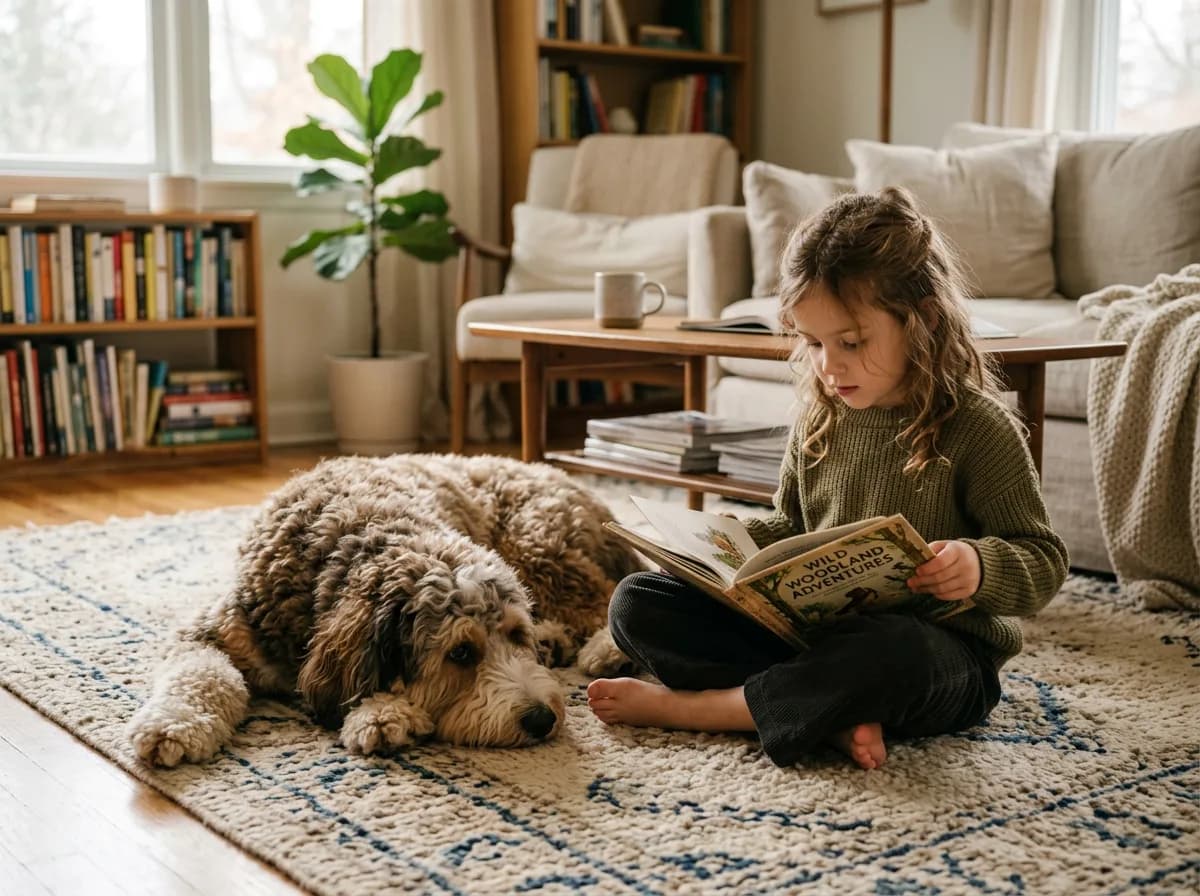 A fluffy sable Bernedoodle lying calmly on a living room rug beside a child reading a book