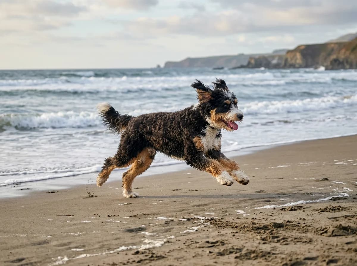 A standard Bernedoodle mid-stride running across a sandy beach with the ocean in the background