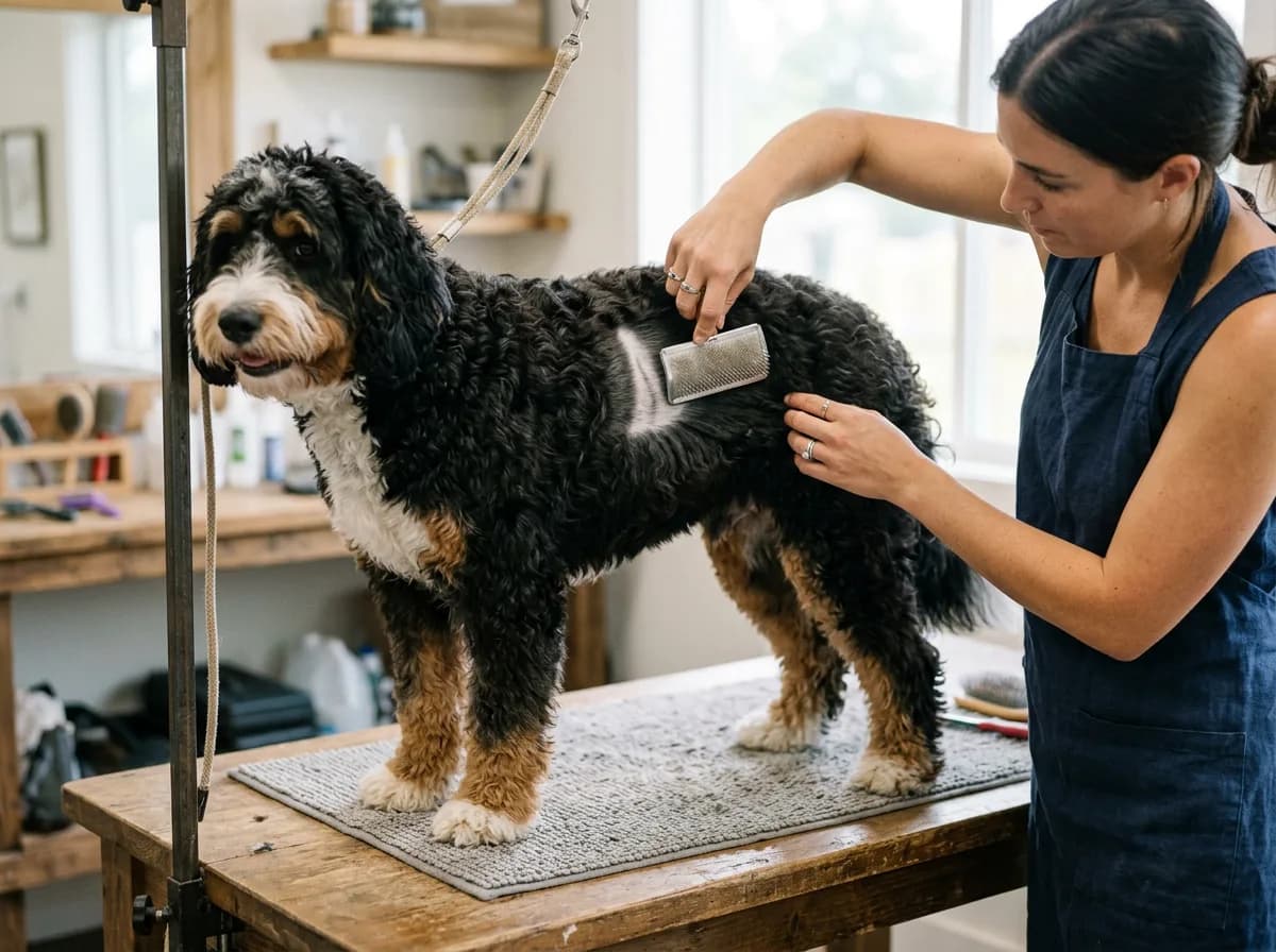 A wavy-coated Bernedoodle being brushed on a grooming table with a slicker brush, coat parted to show the skin