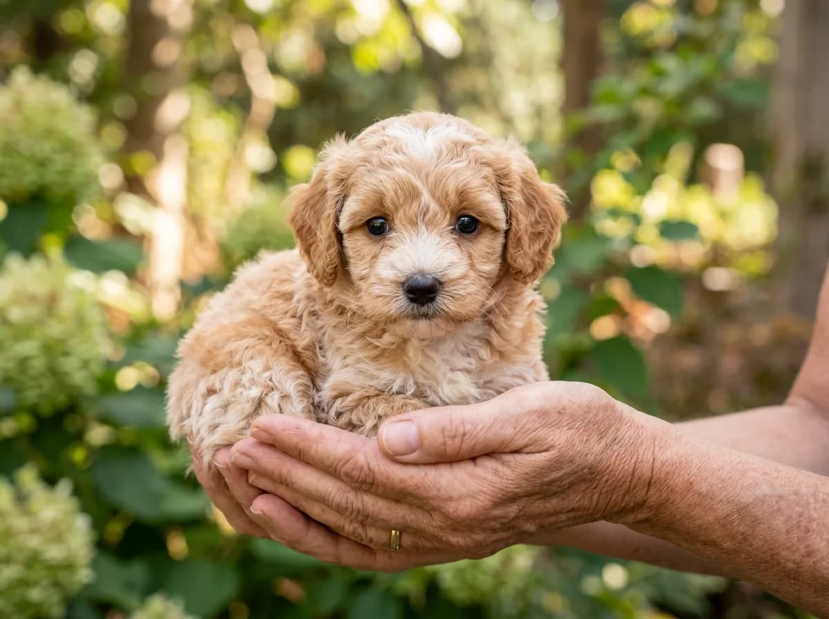 A tiny toy Bernedoodle puppy with a soft apricot and white coat sitting in a person's cupped hands