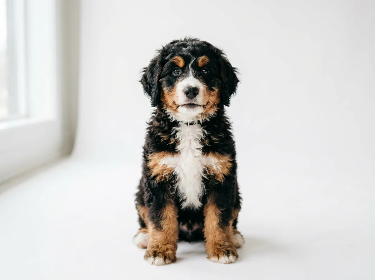 Fluffy tri-color mini Bernedoodle puppy sitting on a plain white studio backdrop, front-facing, showing symmetrical rust eyebrows and a white chest, soft even lighting