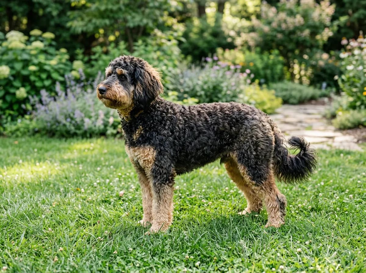 Sable Bernedoodle standing on a grassy garden lawn with a coat that fades from dark roots to lighter tan tips, side profile, natural daylight