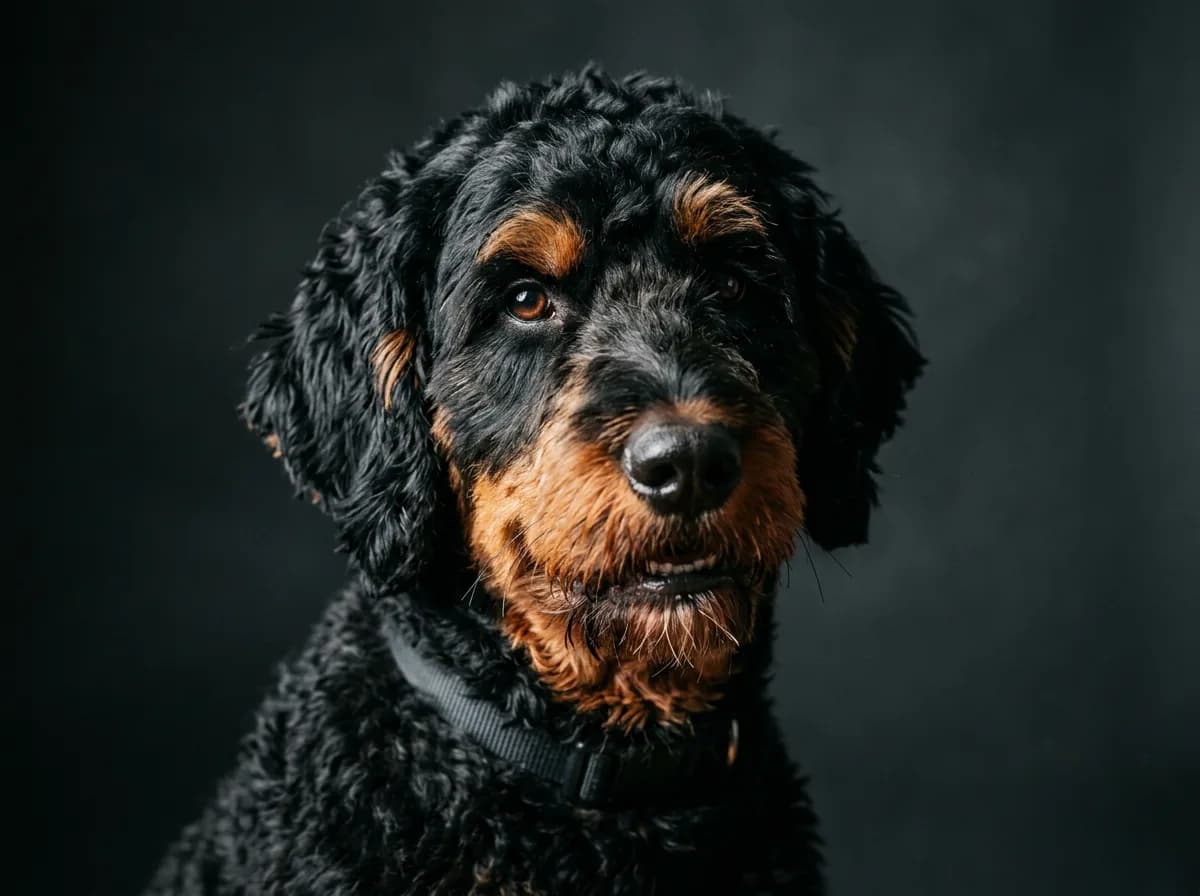 Close-up head-and-shoulders portrait of a black phantom Bernedoodle showing crisp rust eyebrows and cheek points against a solid black coat, studio angle, dramatic side lighting