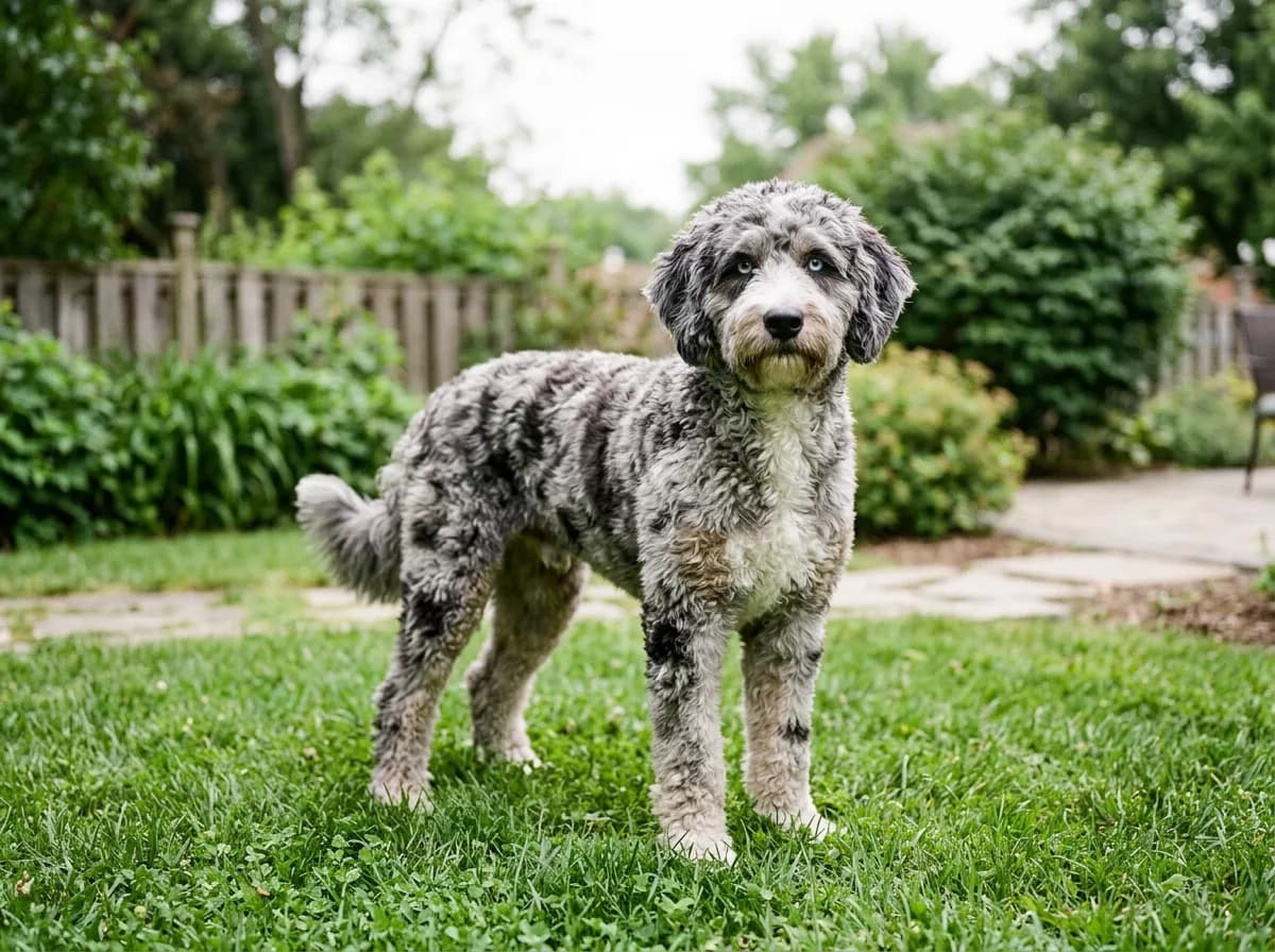 Blue merle Bernedoodle with a marbled gray-and-black coat and pale blue eyes standing alert on green grass in a backyard, eye-level angle, bright overcast light