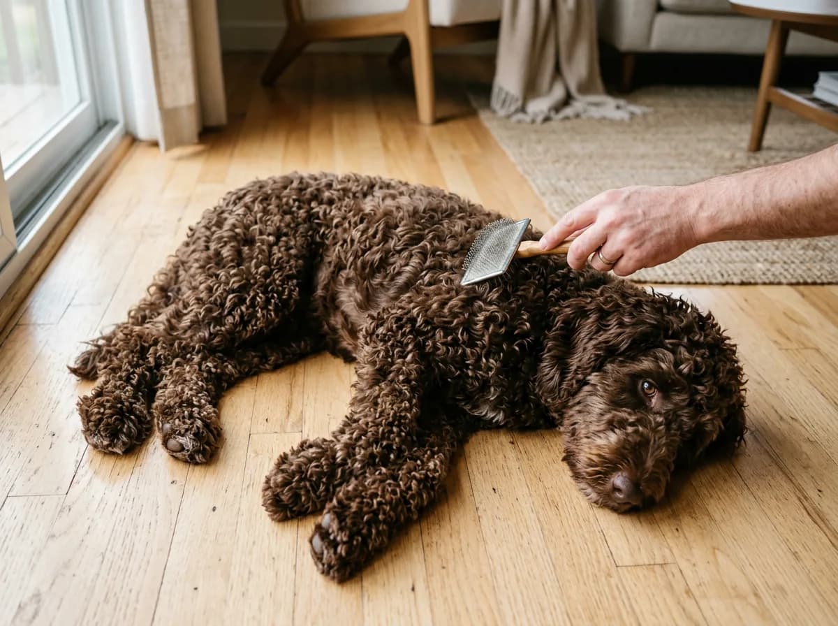 Chocolate-brown curly-coated Bernedoodle lying on a light hardwood floor being brushed, overhead angle showing tight curls, soft indoor lighting