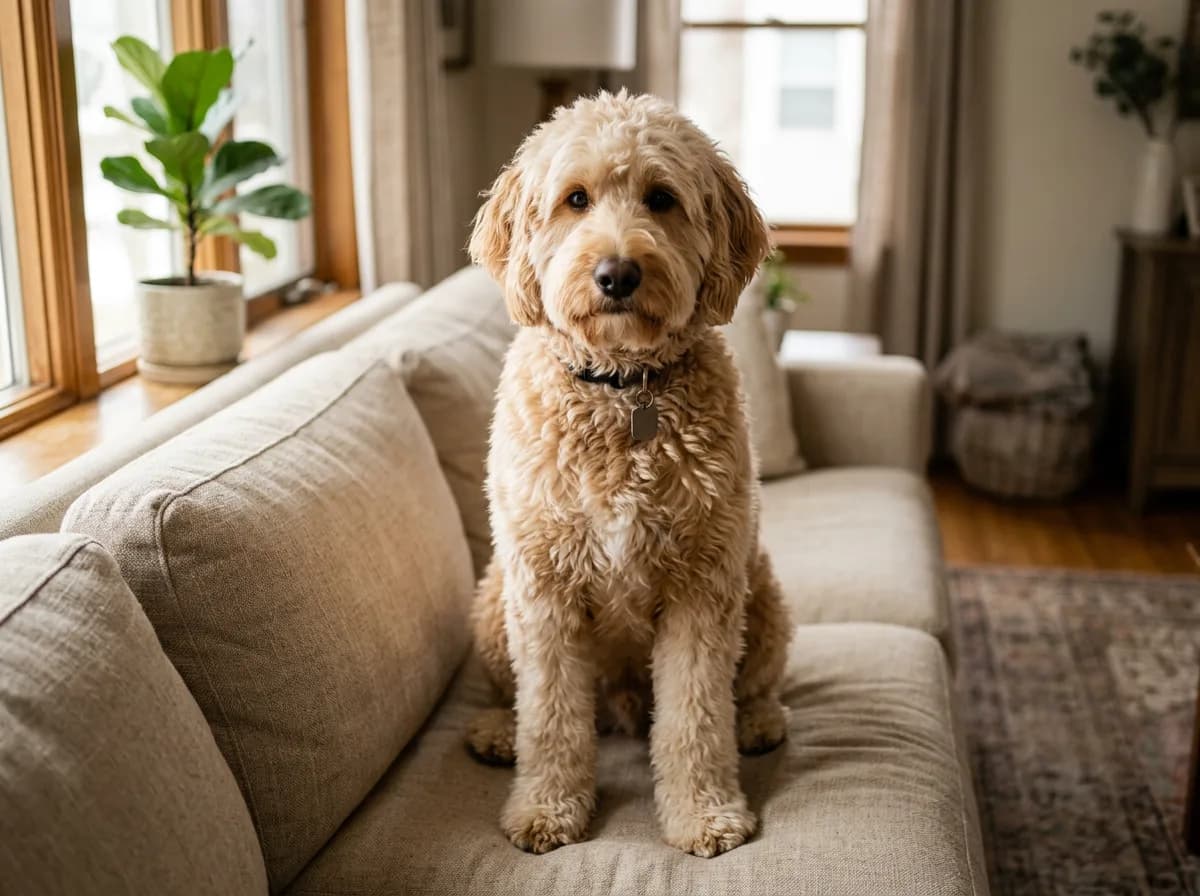 Cream and apricot solid Bernedoodle with a soft wavy coat sitting on a beige couch indoors, front-facing, gentle window light
