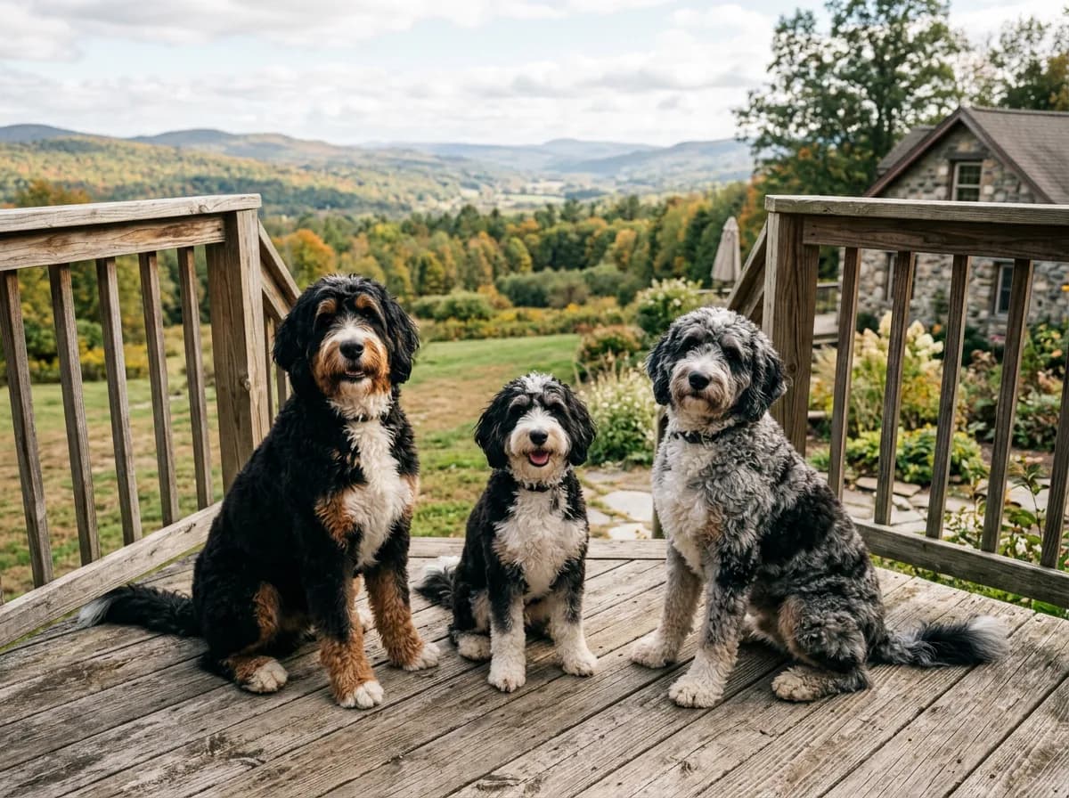 Group of three different Bernedoodles together outdoors on a wooden deck, one tri-color standard, one black-and-white bi-color mini, and one merle, wide shot in natural light