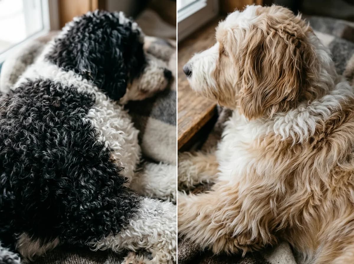 Side-by-side close-up of two Bernedoodle coats, one a tight curly black-and-white wool coat and one a loose wavy sable and white fleece coat, showing the texture difference in detail