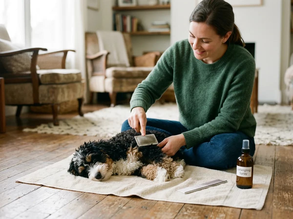 An owner sitting on the floor line-brushing a small black and white mini Bernedoodle that is lying calmly on a towel, comb and detangling spray bottle beside them