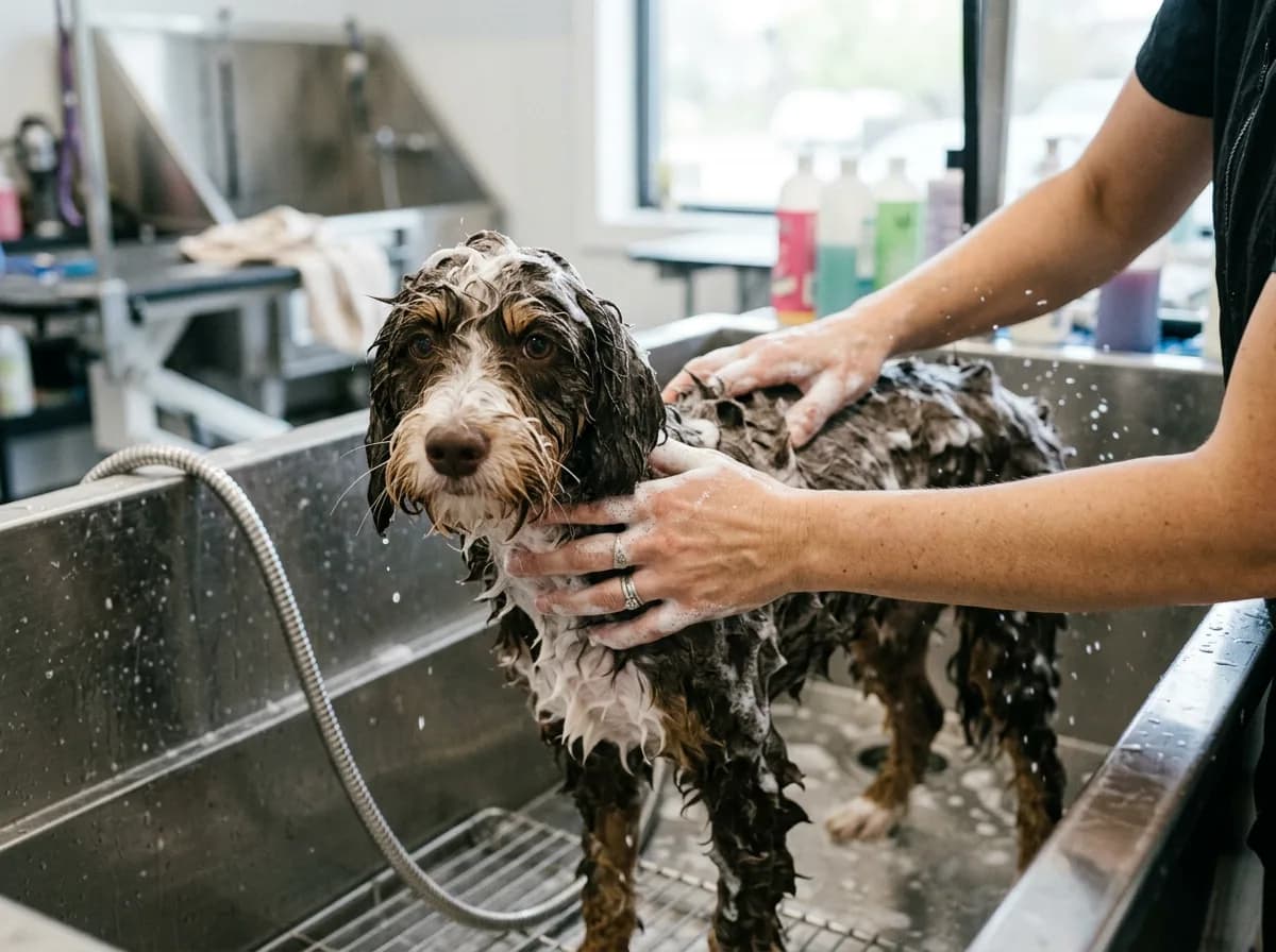 A wet chocolate-and-white mini Bernedoodle standing in a stainless steel grooming tub being lathered with shampoo, soapy coat flattened to the body, groomer's hands working it to the skin