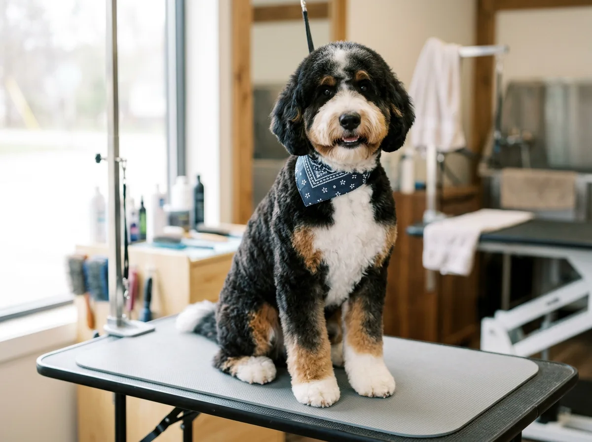 A fluffy standard Bernedoodle freshly groomed in a rounded teddy bear cut, sitting on a groomer's table with a bandana, plush even coat and rounded face clearly visible