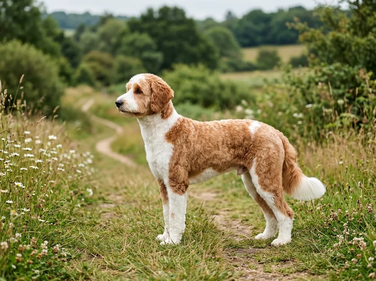 A medium wavy-coated apricot and white Bernedoodle in a short, practical summer cut standing outdoors on a grassy trail, clean and tidy after grooming, side profile in soft daylight