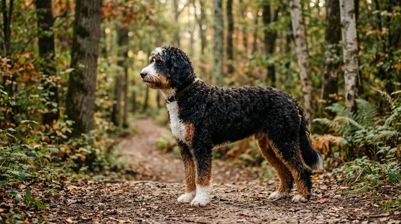 A tri-color (black, white, and rust) standard Bernedoodle standing in profile on a woodland trail, full body, soft morning light
