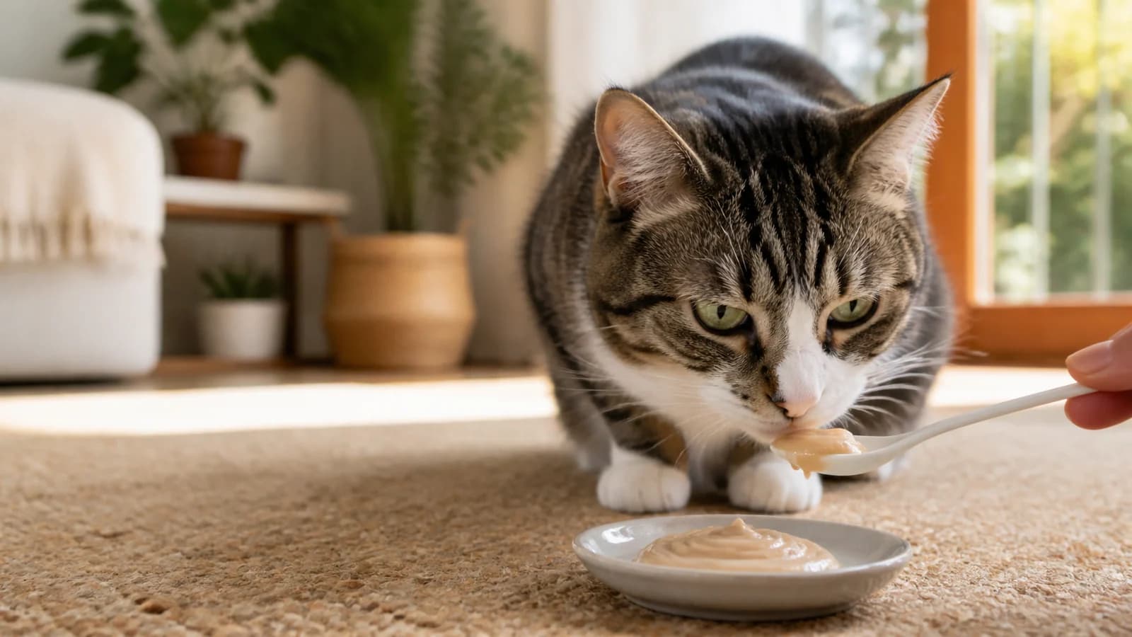Unbranded single-serve lickable puree offered in a shallow dish to a relaxed cat