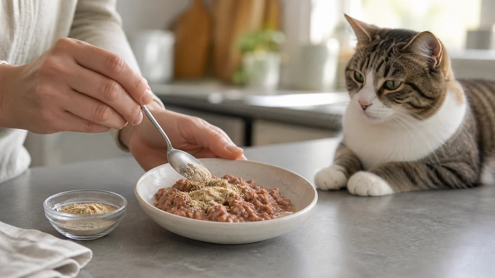 Fine unbranded supplement powder mixed evenly through a small serving of wet cat food