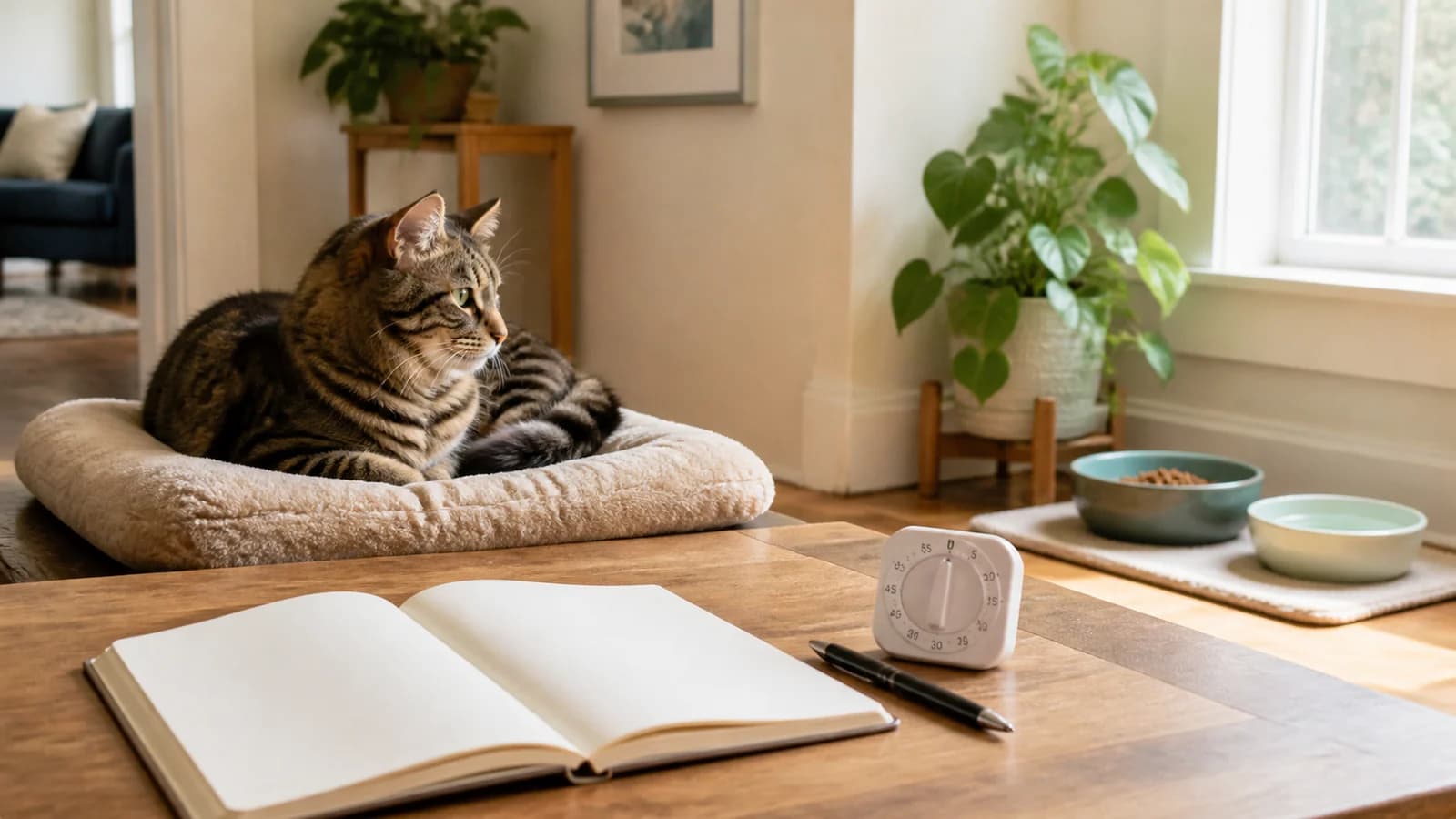 Relaxed cat near a blank notebook and timer used to track behavior, timing, appetite, and recovery