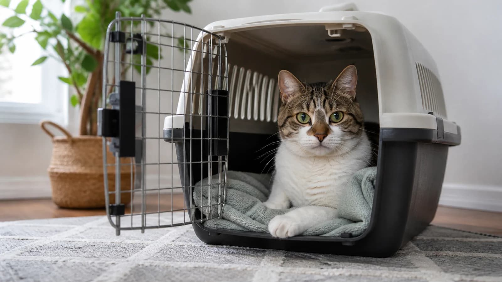Relaxed cat resting voluntarily inside an open carrier during calm pre-travel practice