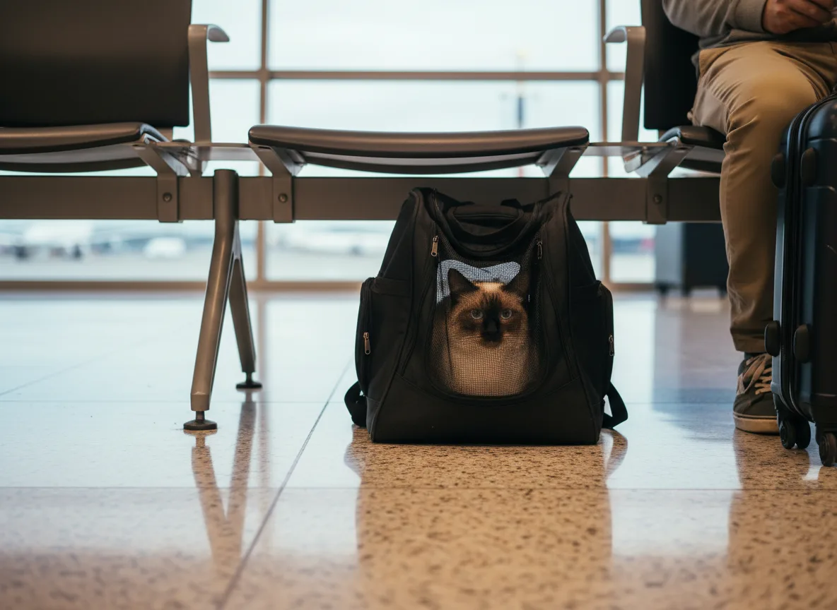 A soft cat backpack tucked under an airport gate seat with a cat's face visible through the mesh panel