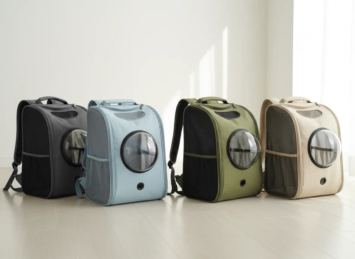 Four cat backpacks in a row on a wood floor, two with clear bubble windows and two with mesh side panels