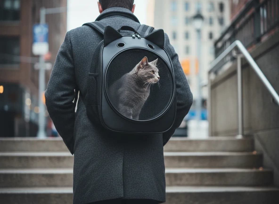 A commuter carrying a grey cat in a mesh-panel backpack up subway station steps in cool morning light