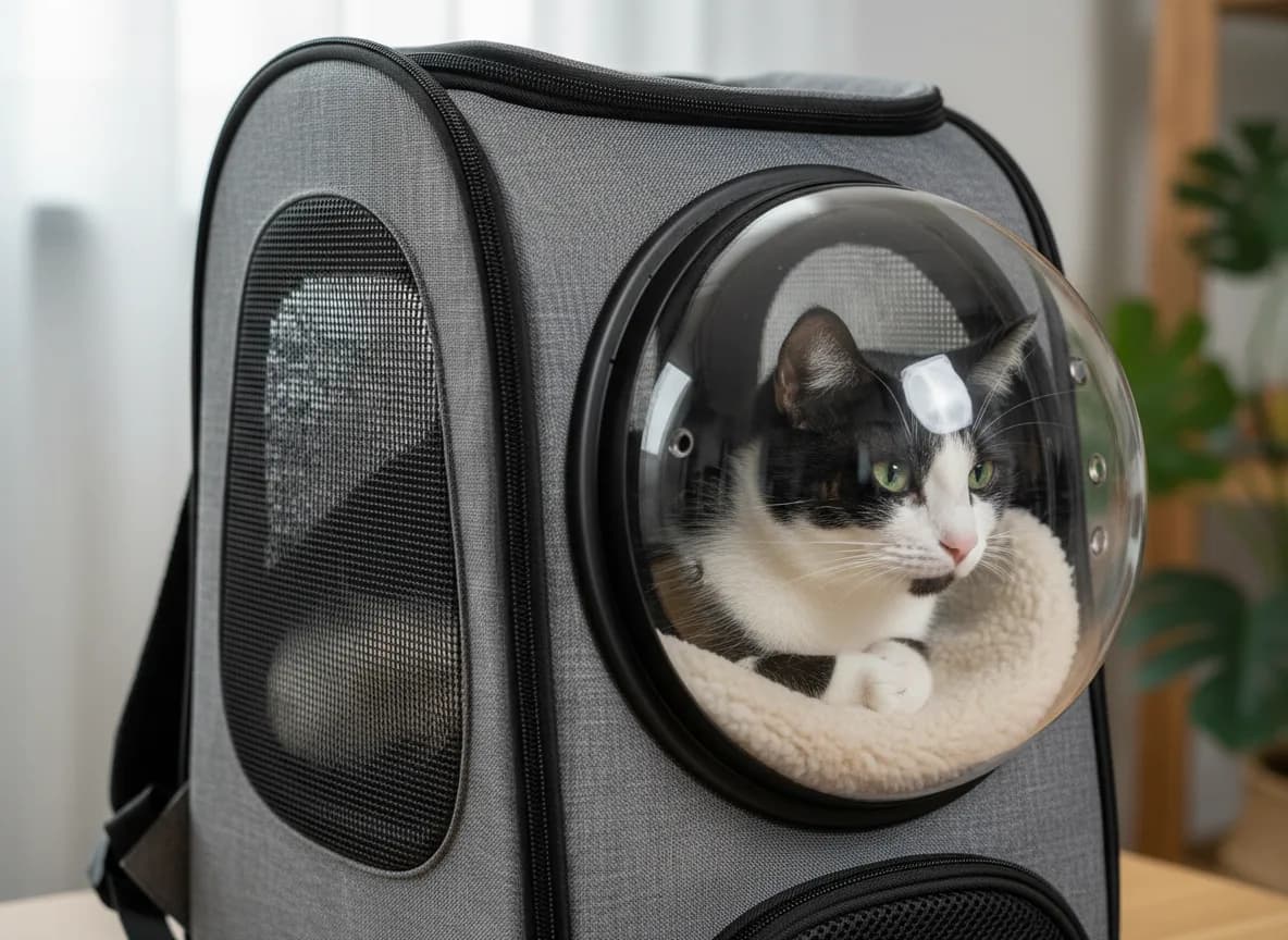 Close-up of a cat backpack's mesh side panel and vented bubble with a calm cat resting inside in soft daylight