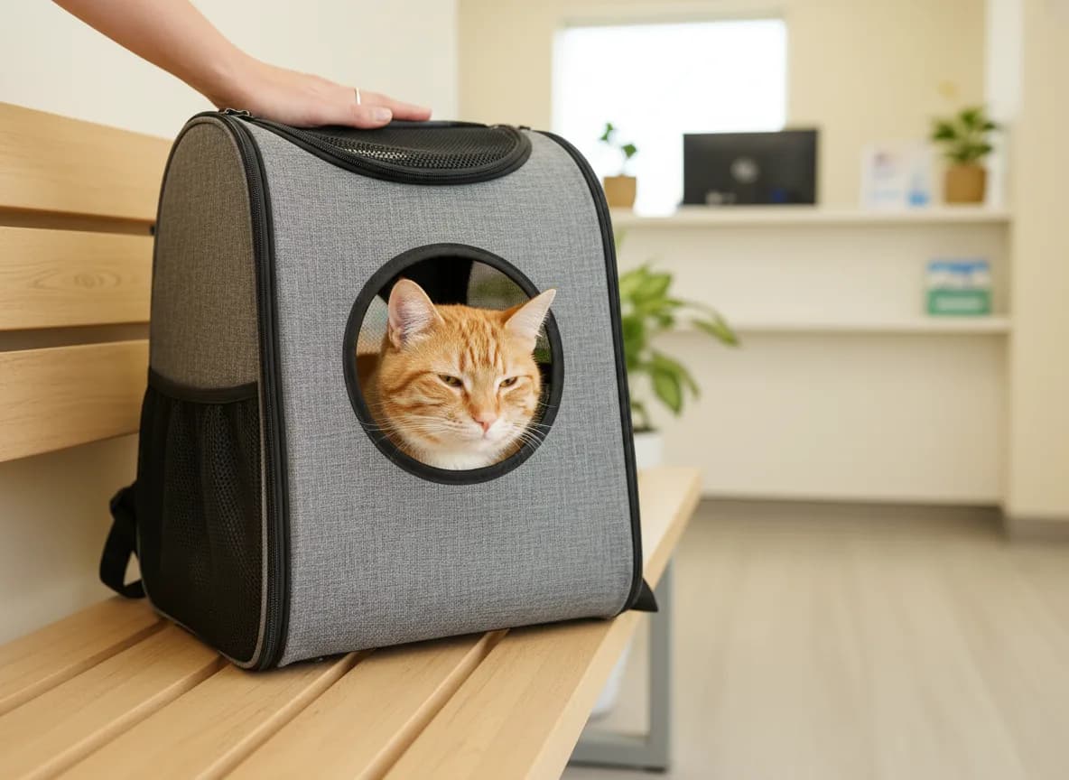 An orange cat looking calmly out of a backpack carrier resting on a bench in a bright veterinary waiting room