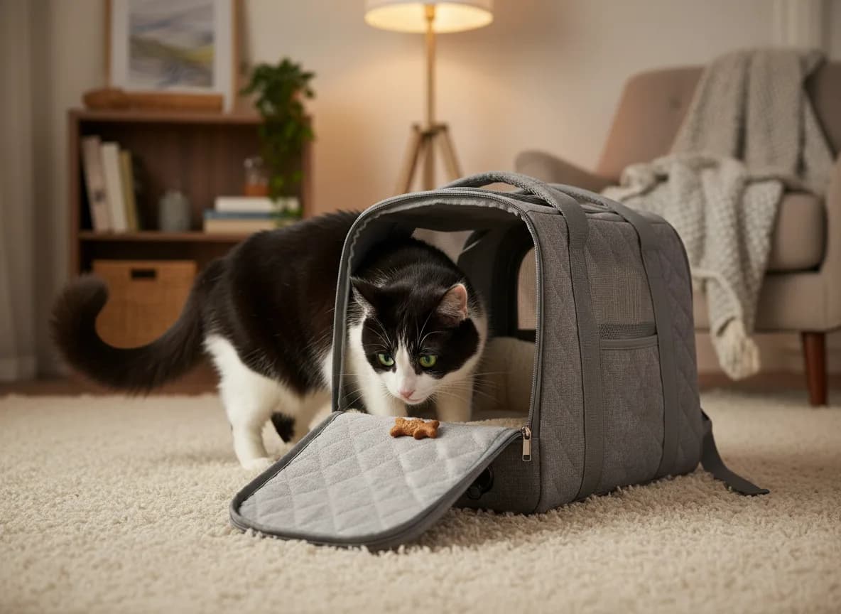 A cat stepping into an open backpack carrier left on a living room floor, sniffing a treat placed inside