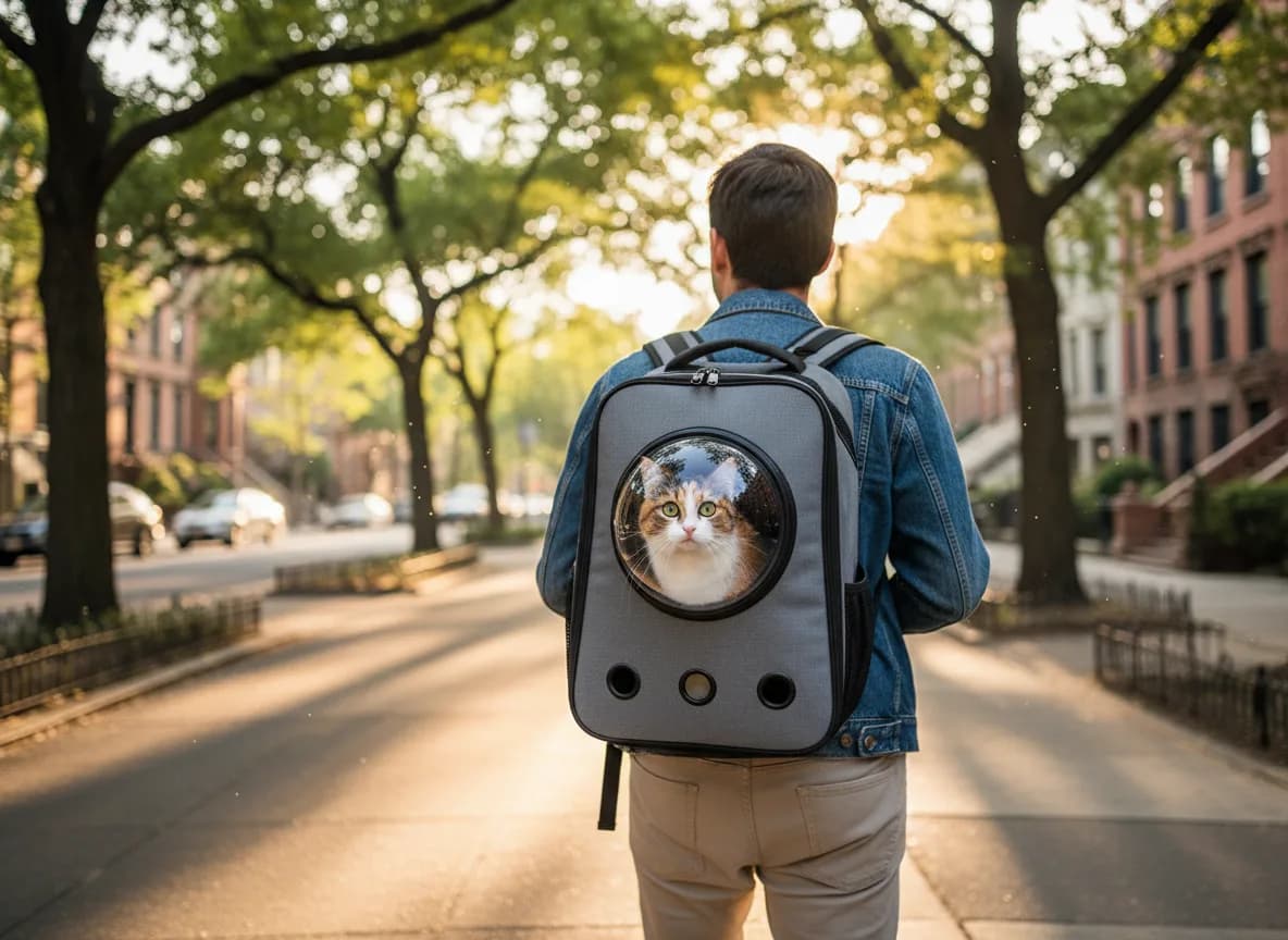 A curious cat looking out the clear bubble window of a backpack carried by a walker on a tree-lined sidewalk