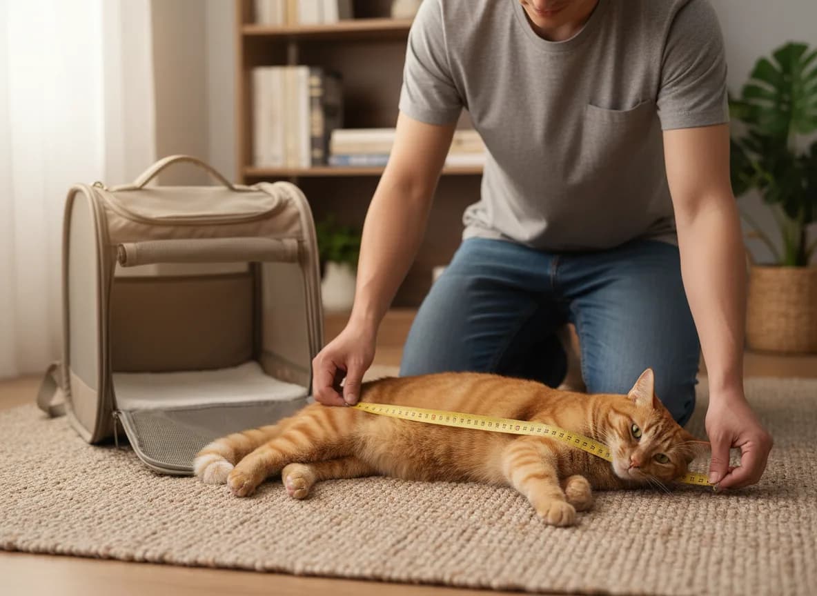 Person measuring a relaxed tabby cat from nose to tail base with a soft tape measure beside an open backpack carrier