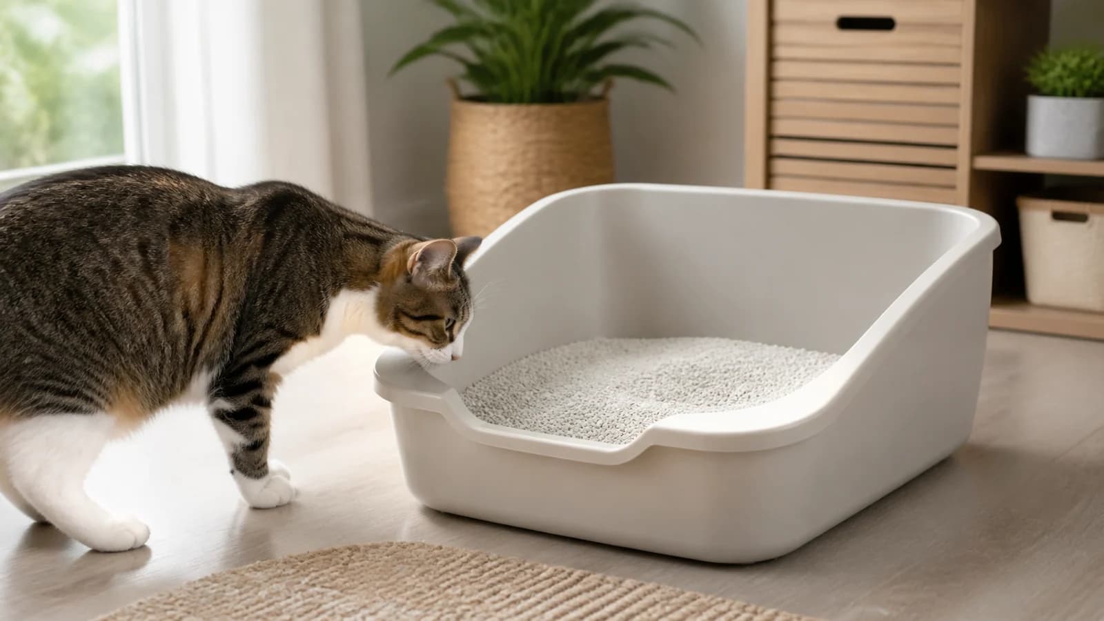 Relaxed adult cat investigating a freshly prepared open litter box in a quiet room