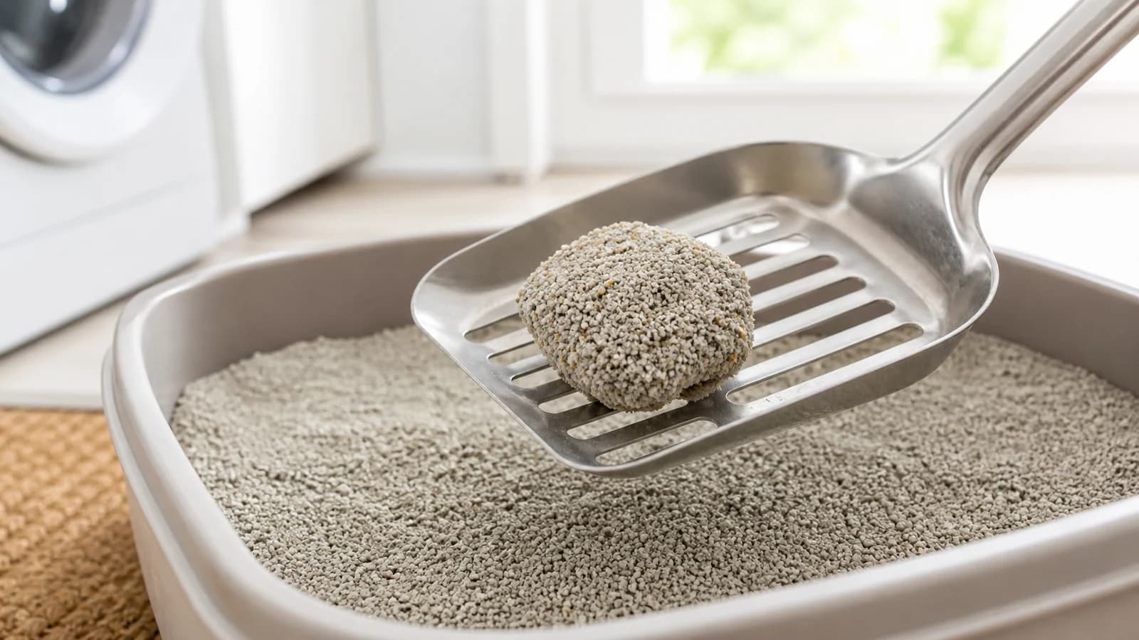 Clean litter scoop lifting one firm clump beside dry intact litter granules
