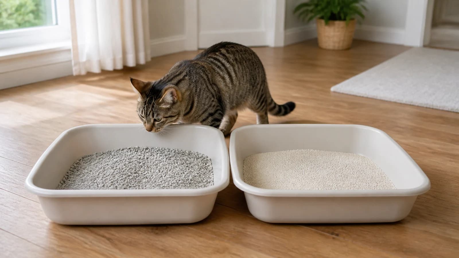Relaxed adult tabby comparing two clean open litter boxes filled with different unbranded litter textures