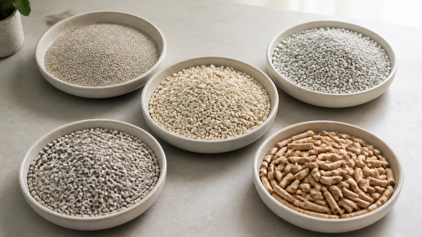 Separate shallow trays holding unlabeled clay, silica, walnut, grass, and wood cat litter textures