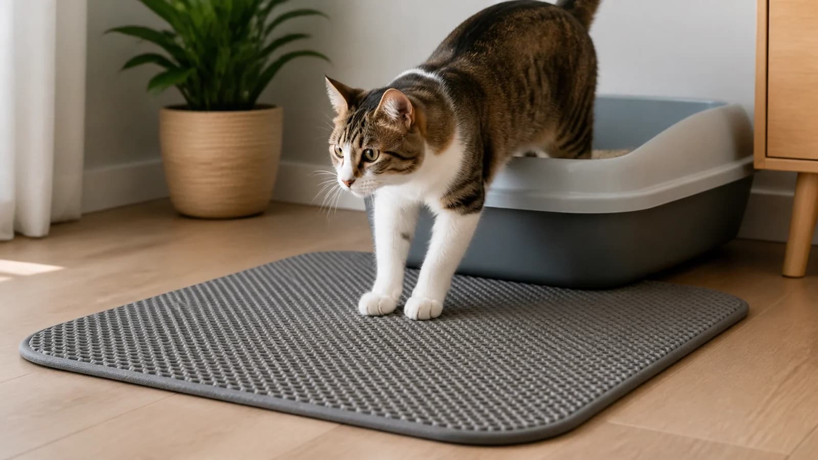 Cat paws beside a textured litter mat with a small realistic scatter of litter granules