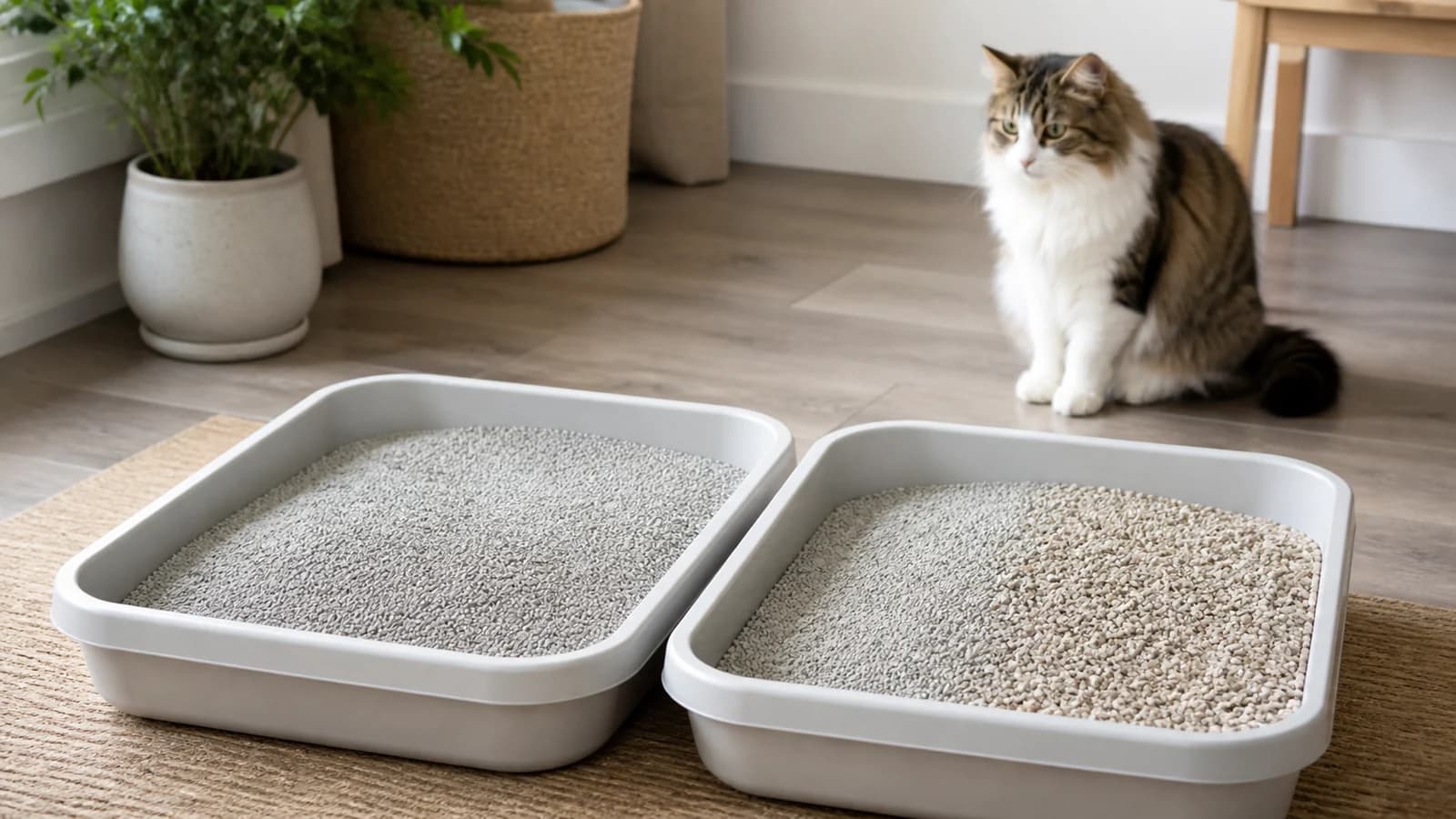 Two open litter boxes arranged side by side with visibly different unlabeled litter materials for a gradual transition