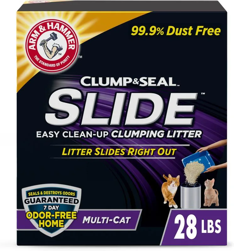 Arm and Hammer Clump and Seal Slide Easy Clean-Up Multi-Cat clumping litter, 28-pound black and purple box, 99.9 percent dust free