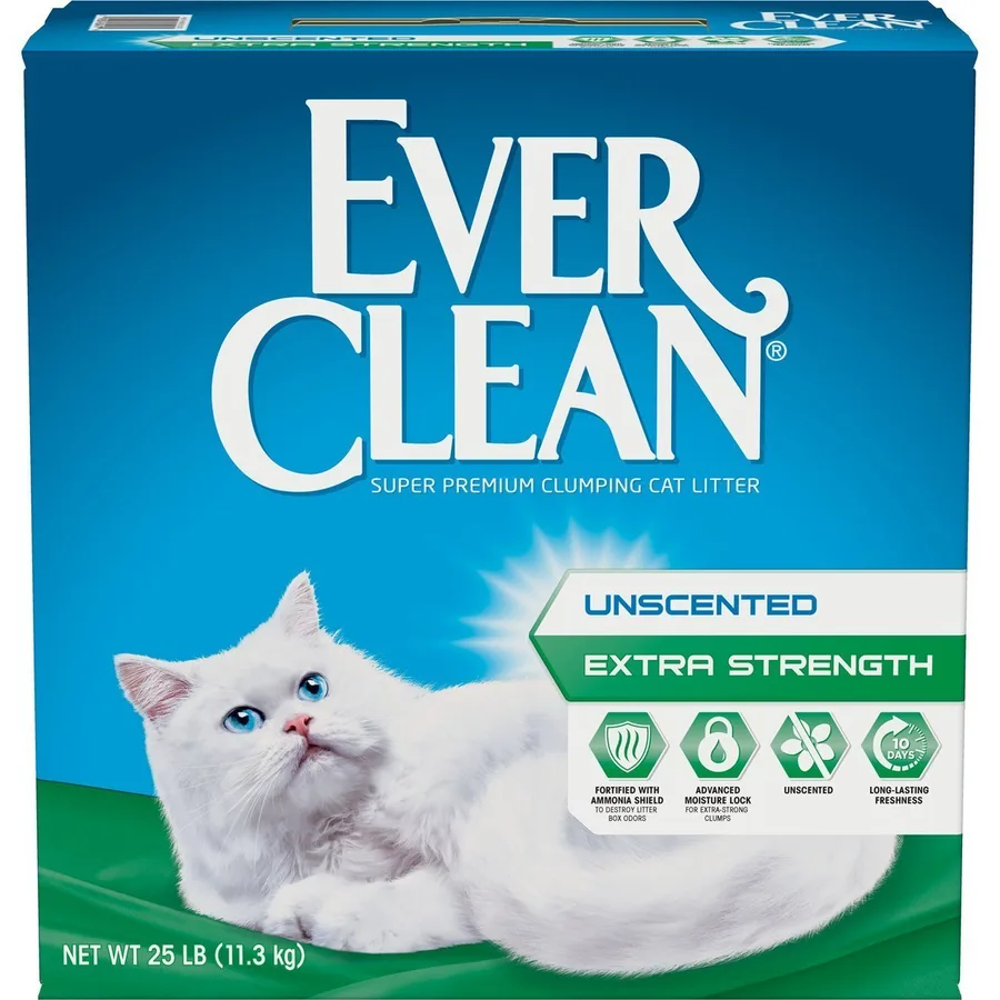 Ever Clean Extra Strength Unscented clumping cat litter, 25-pound blue and green box with a white cat on the front