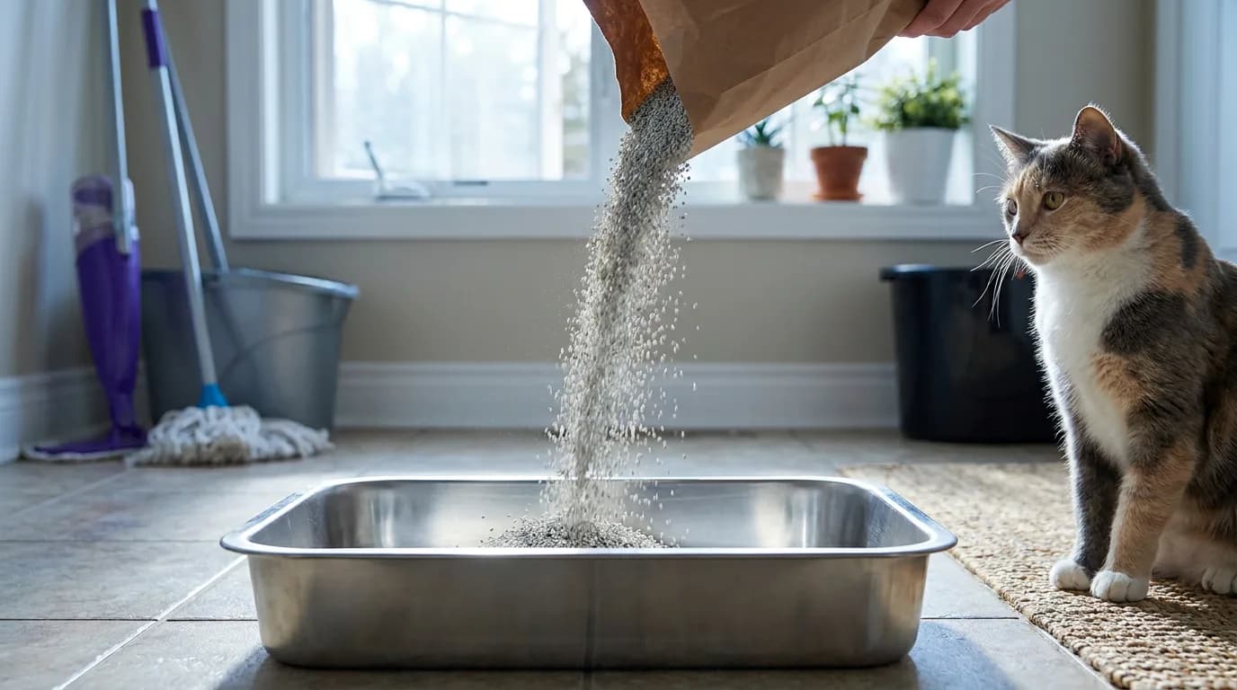 Fresh unscented clumping cat litter pouring from a paper bag into a clean stainless steel litter pan while a calico cat watches in a bright laundry room