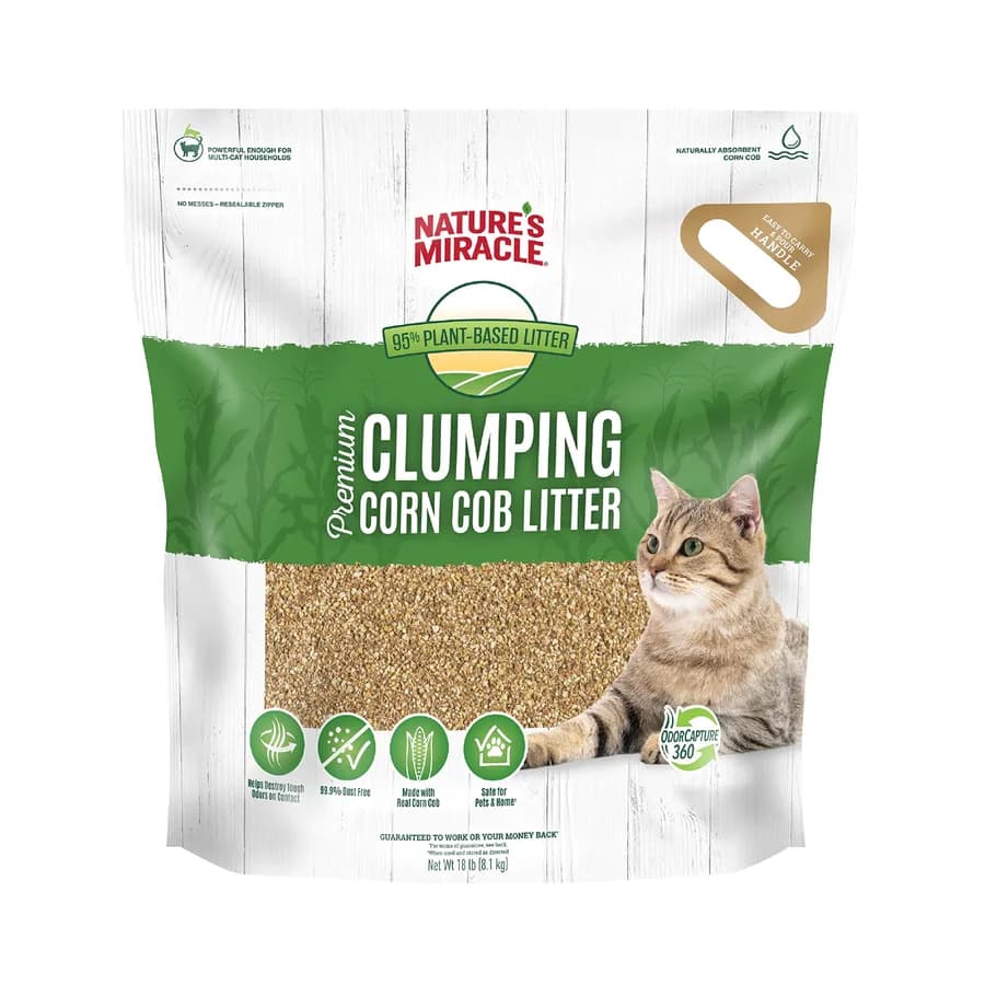 Nature's Miracle Premium Clumping Corn Cob Litter, 18-pound white and green resealable bag, 95 percent plant-based