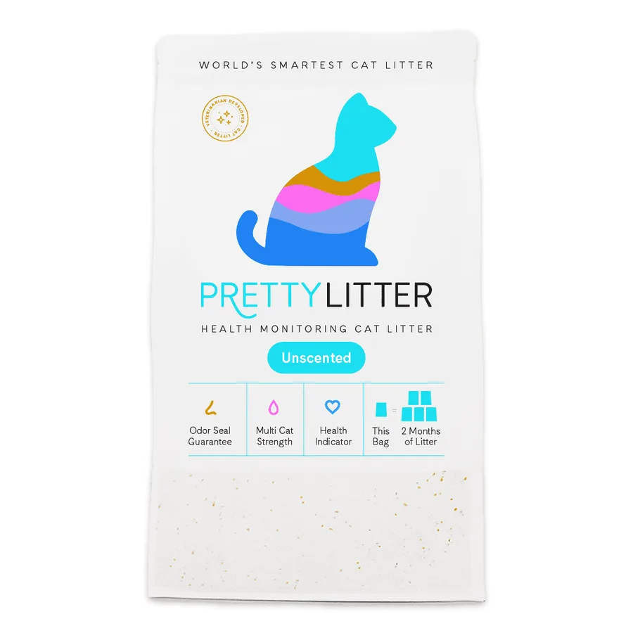 PrettyLitter Health Monitoring Cat Litter unscented 8-pound white bag with the colorful PrettyLitter cat logo and health indicator icons