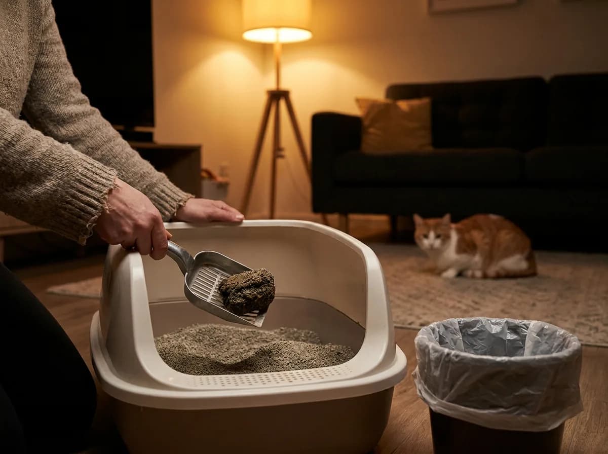 Person scooping a firm clump from a high-sided litter box into a lined waste pail during an evening cleaning routine, with an orange-and-white cat resting nearby