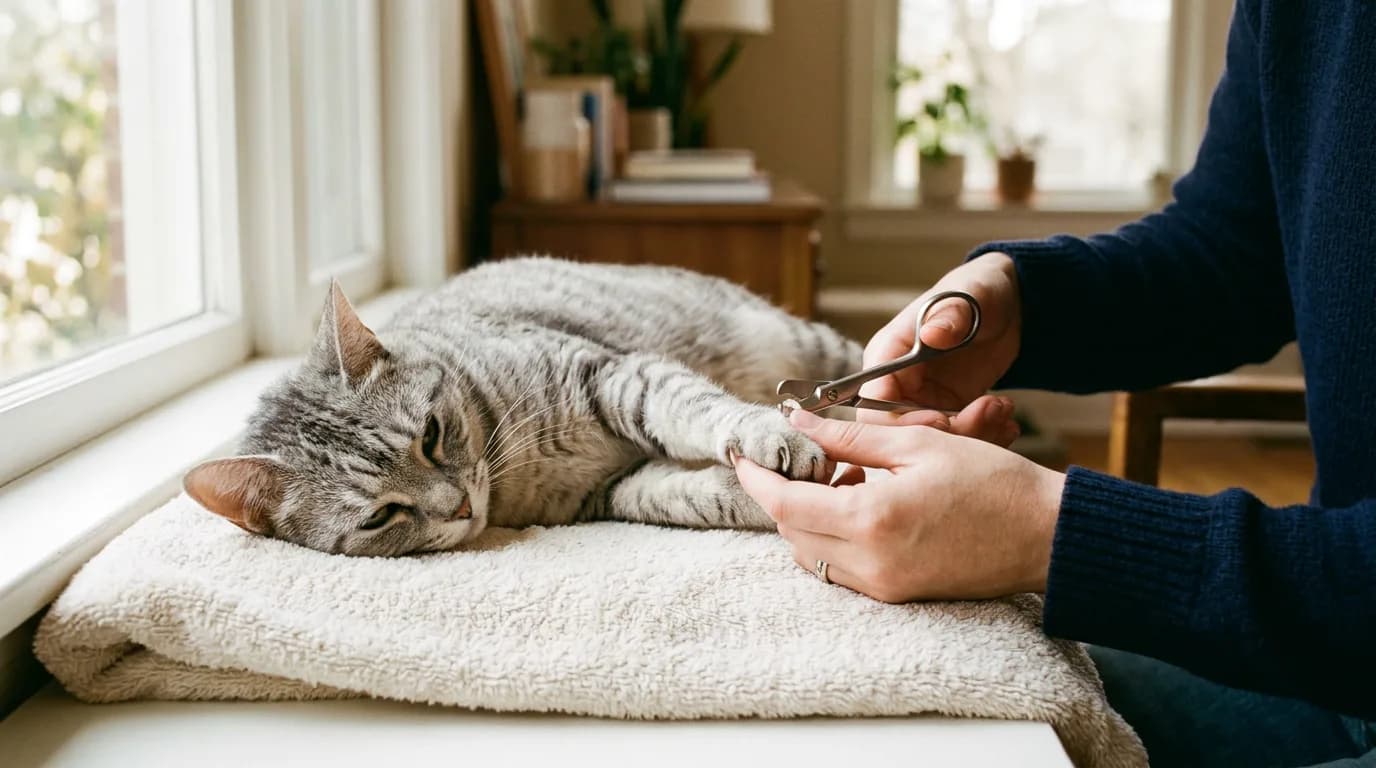 A relaxed silver tabby cat on a cream towel while a person trims one front claw with small scissor-style clippers in warm window light