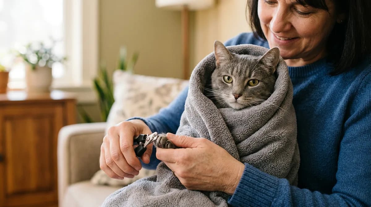 A gray cat wrapped in a towel with one paw exposed for a calm nail trim using the burrito method
