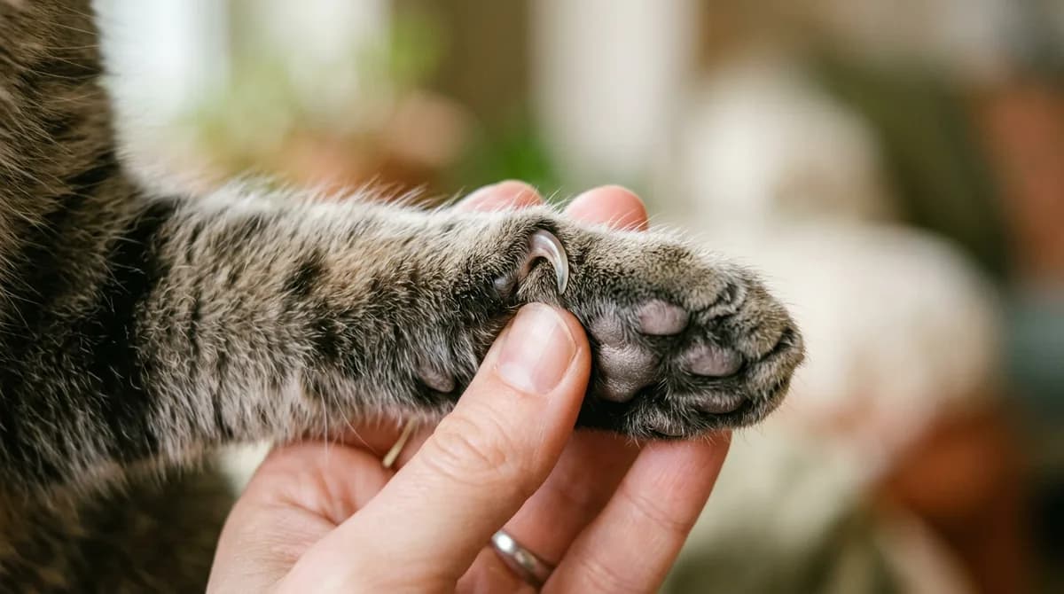 Close-up of a cat's dewclaw, the higher thumb-like claw on the inner front leg, held for a trim