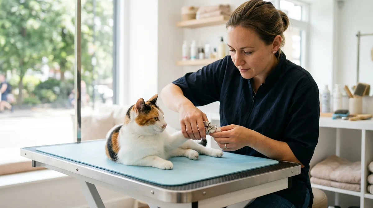 A professional groomer calmly trimming a cat's front claw on a table in a bright salon