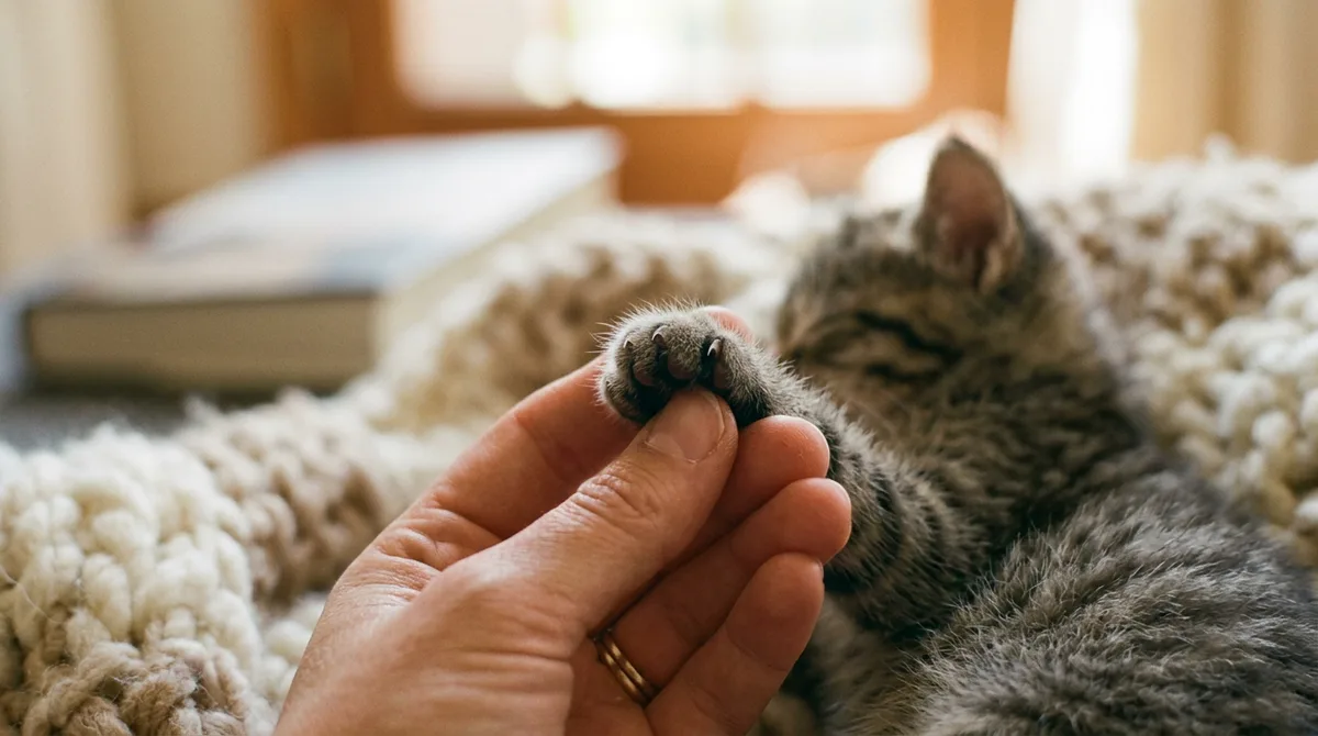 A tiny kitten's paw with delicate needle-like claws held gently between fingertips