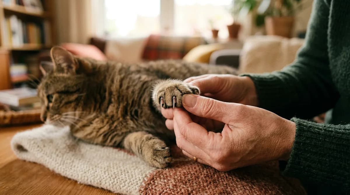 A hand gently pressing a cat's paw pad to extend and inspect the length of its claws
