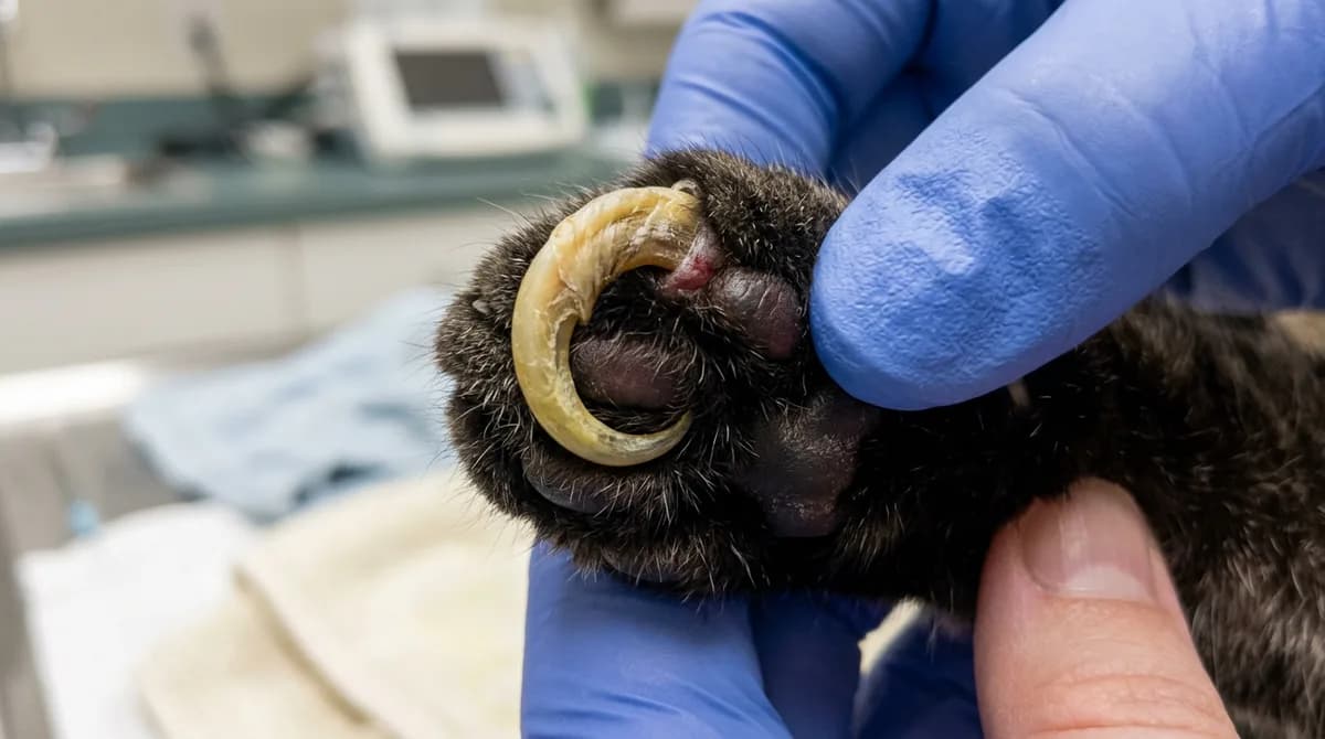 An overgrown cat claw curled toward the paw pad, showing why regular trims matter