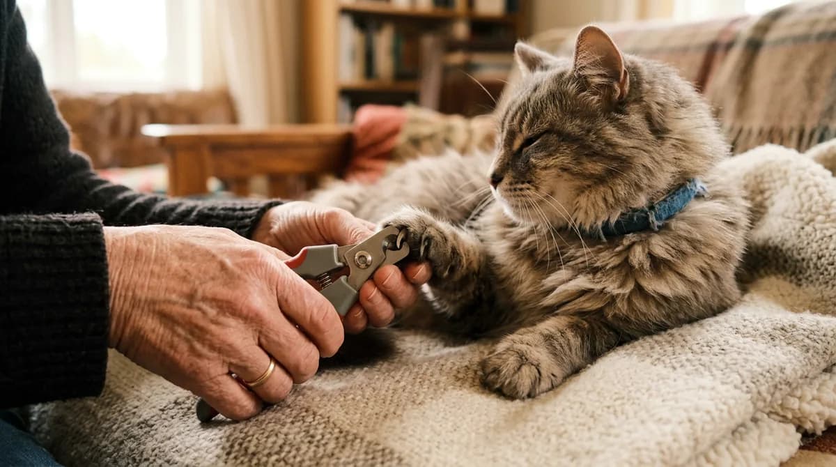 A plier-style trimmer cutting the thick claw of a calm senior long-haired cat on a blanket