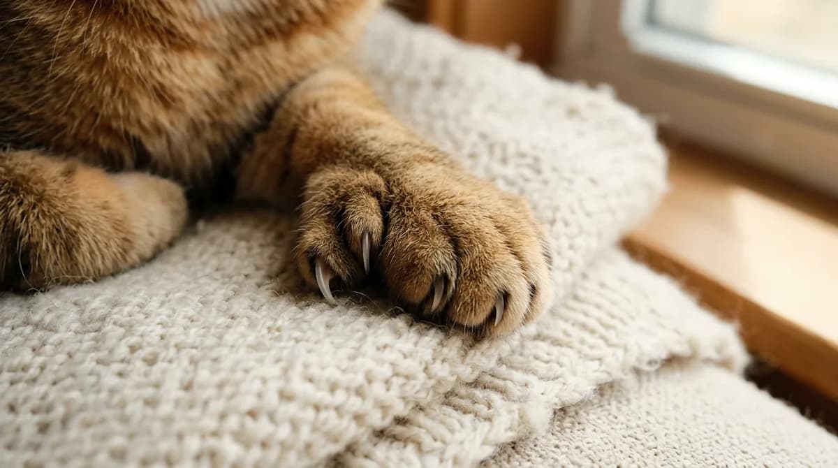 A polydactyl cat's front paw with extra toes and crowded claws resting on a blanket